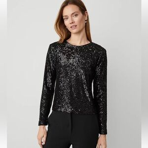 NEW $139 Ann Taylor Black Sequin Popover Top  Sz XSP